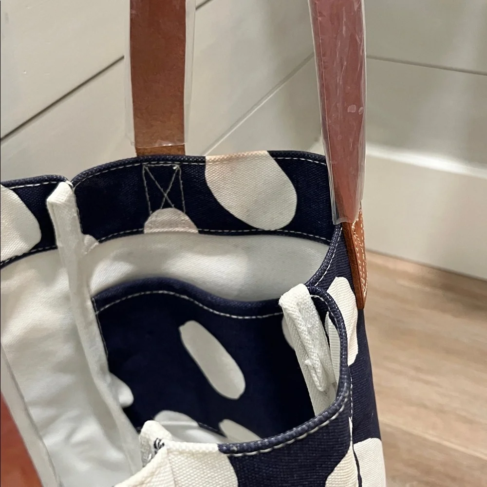 Donna Gorman Polka Dot Hand Painted Leather handled Tote Bag - Navy and White